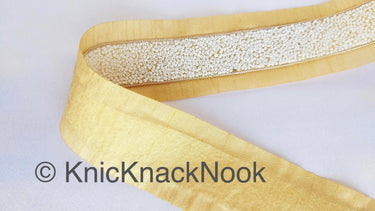 Beige Fabric Trim With White Seed Beads Embellishments, Beaded Trim,